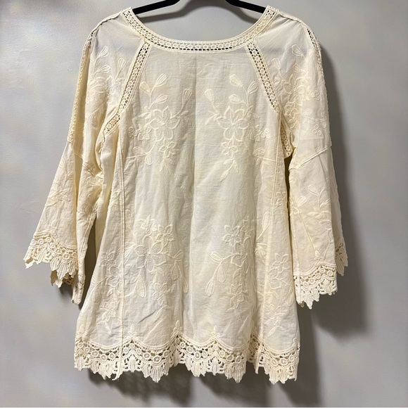 Soft Surroundings Cream Embroidered Cotton Boho Flare Tunic Blouse Medium - Picture 7 of 8